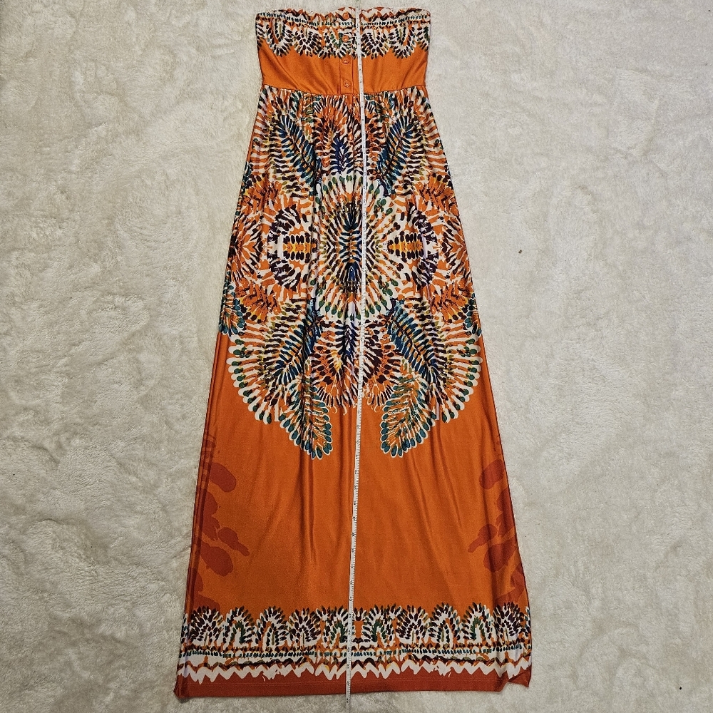 NEW Orange Maxi Dress Size XS Bohemian Strapless Resortwear Colorful Vacation - Picture 10 of 13